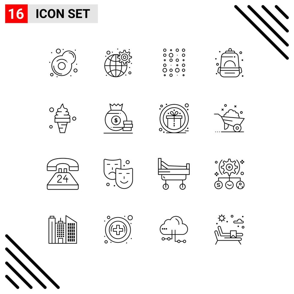 ensemble moderne de 16 contours pictogramme d'éléments de conception vectoriels modifiables de sac d'école de données de plage de nourriture vecteur