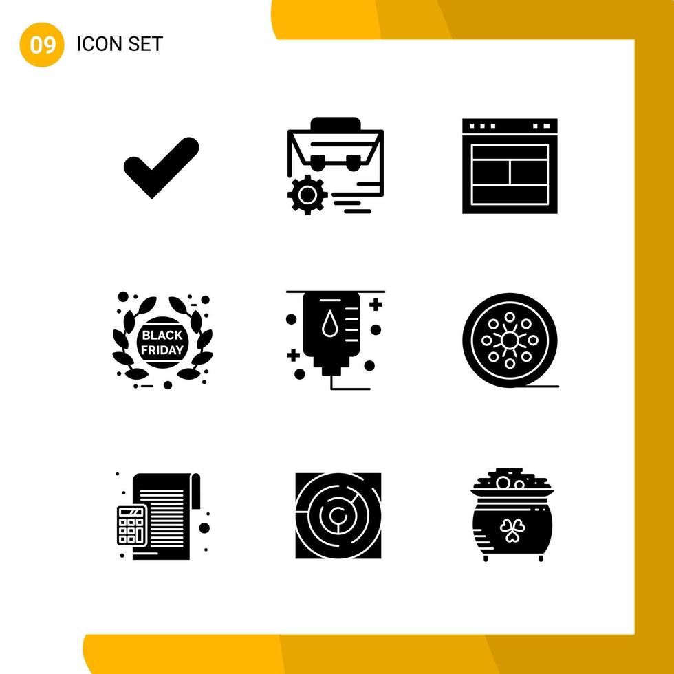 9 jeu d'icônes de style solide pack d'icônes symboles de glyphes isolés sur fond blanc pour la conception de site Web réactif fond de vecteur d'icône noire créative