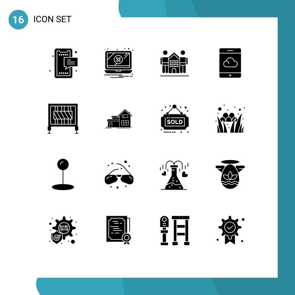 symboles d'icônes universels groupe de 16 glyphes solides modernes d'avertissement de nuage de barrière sauvegarde éléments de conception vectoriels modifiables à la maison vecteur