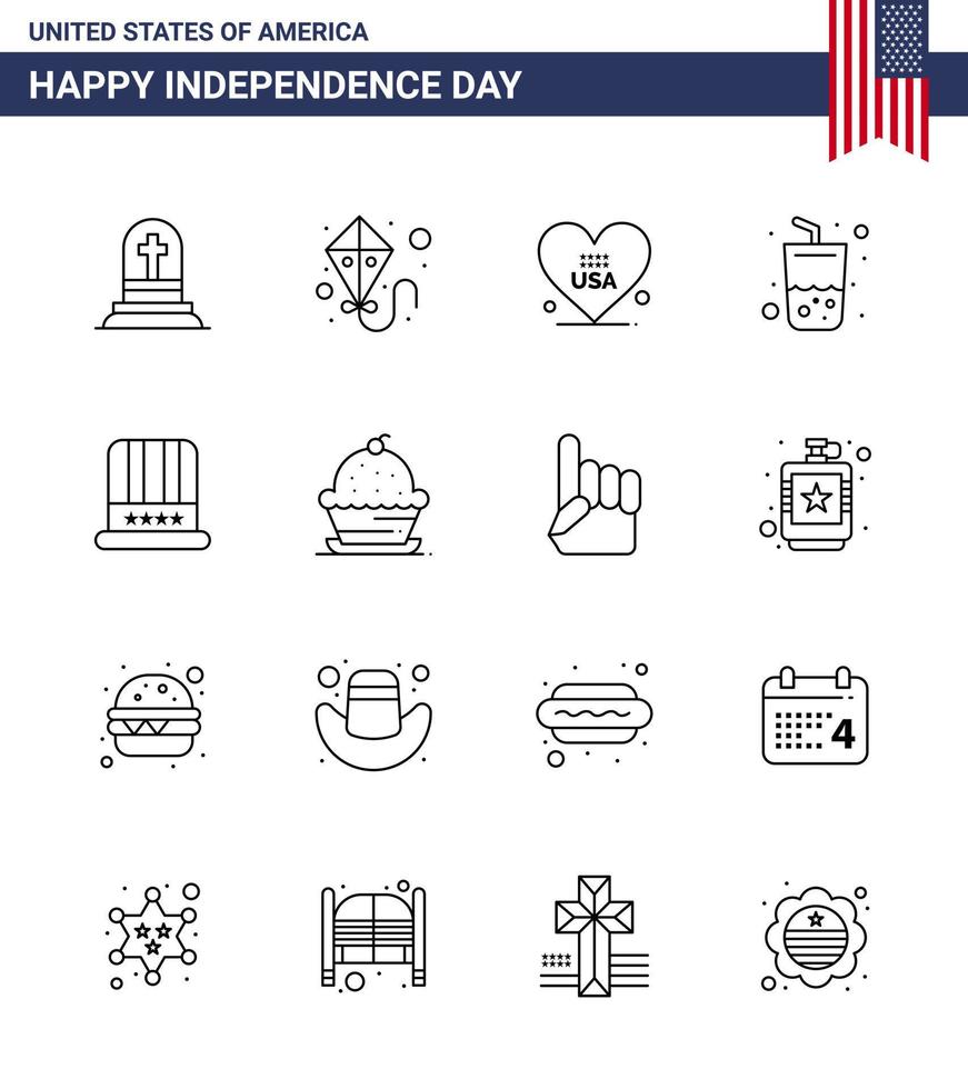 joyeux jour de l'indépendance pack de 16 lignes signes et symboles pour chapeau américain amour cola boisson modifiable usa day vector design elements