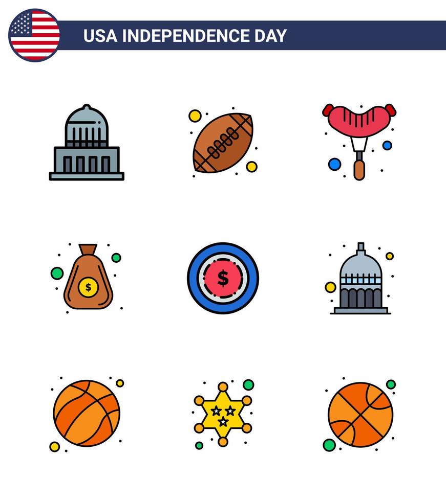 pack de 9 lignes créatives liées à la fête de l'indépendance des états-unis de maony american food cash money modifiables usa day vector design elements