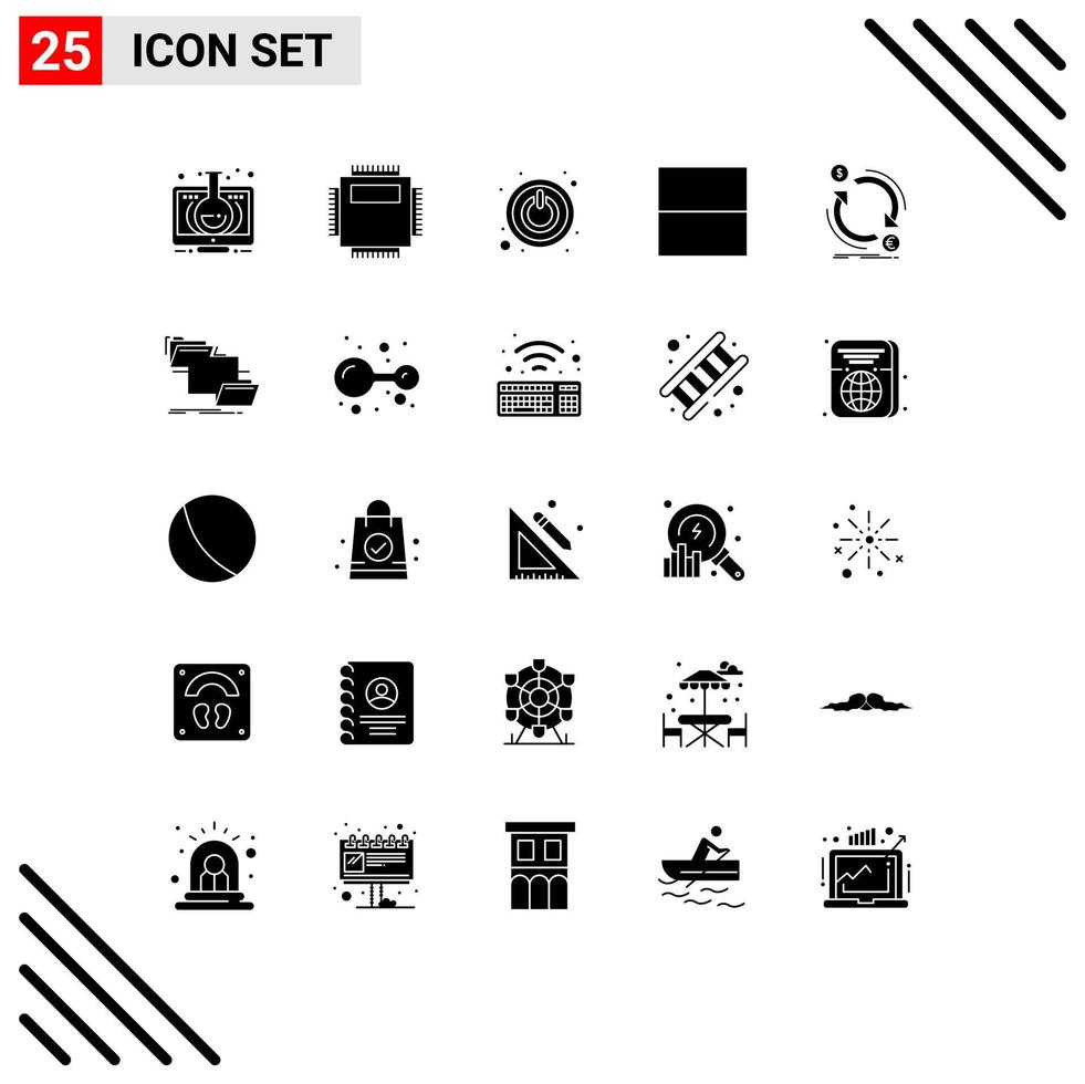 pack de 25 glyphes solides créatifs d'éléments de conception vectoriels modifiables de commutateur d'interface pc de mise en page de monnaie vecteur