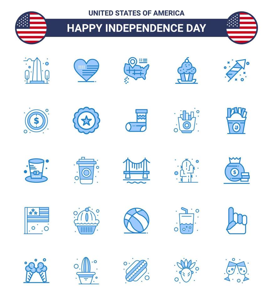25 usa blue pack de signes et symboles de la fête de l'indépendance de la célébration sweet flag muffin cake modifiable usa day vector design elements