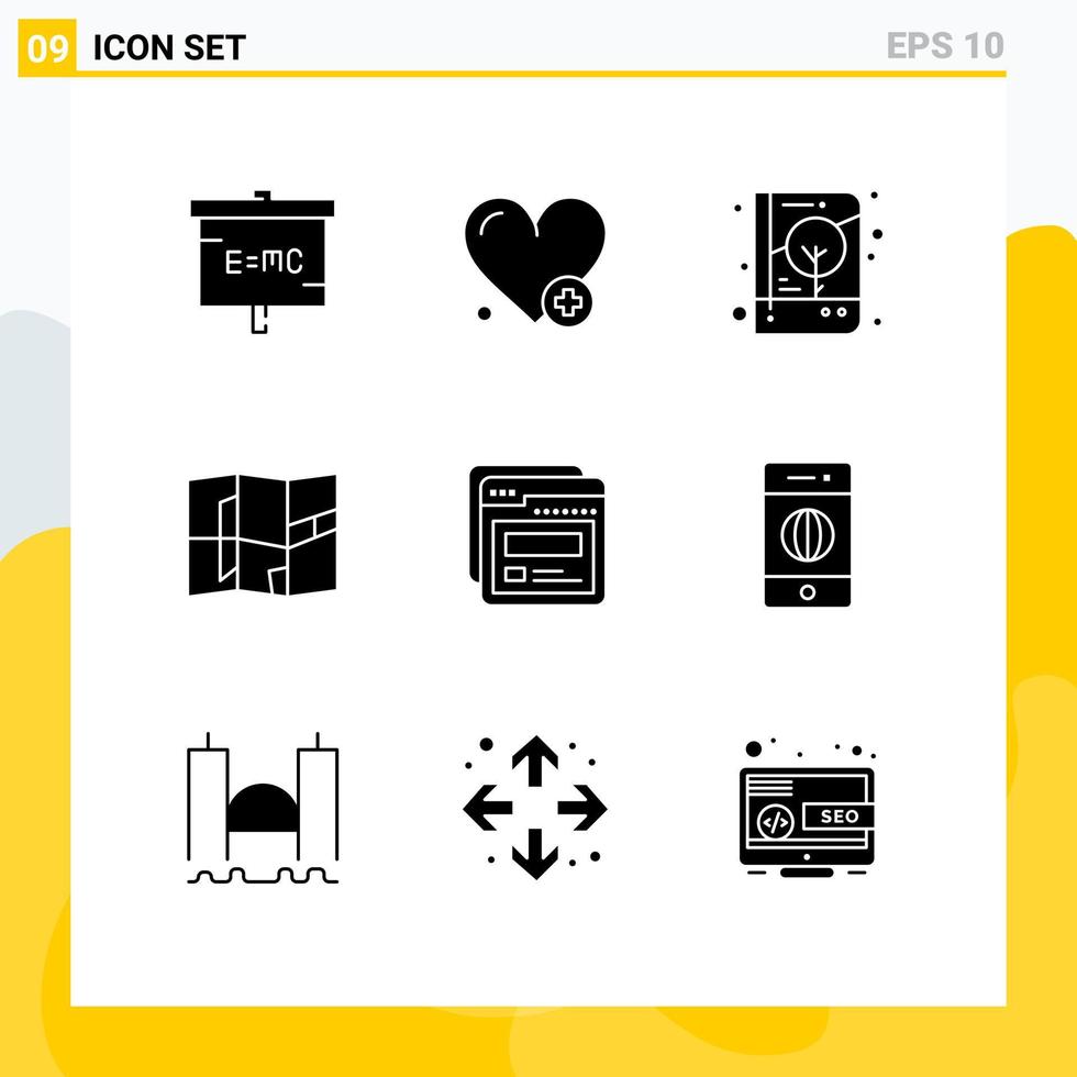 9 concept de glyphe solide pour les sites Web mobiles et applications modèle lieu livre carte impression éléments de conception vectoriels modifiables vecteur