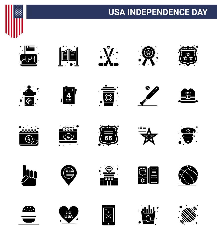 ensemble moderne de 25 glyphes et symboles solides le jour de l'indépendance des états-unis tels que le signe de la police western badge américain modifiable usa day vector design elements