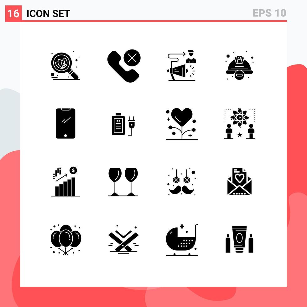 interface mobile glyphe solide ensemble de 16 pictogrammes d'éléments de conception vectoriels modifiables de mégaphone de construction de campagne de protection de chapeau de travailleur vecteur