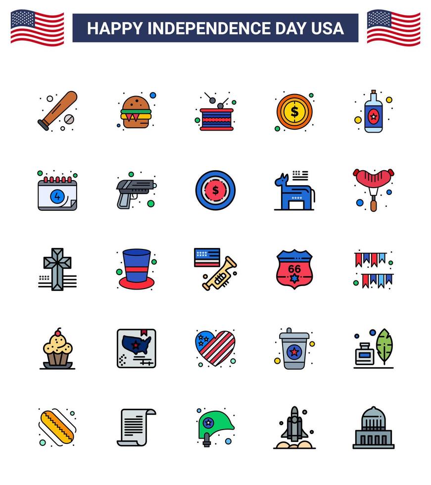 usa joyeux jour de l'indépendancepictogramme ensemble de 25 lignes simples remplies à plat de signe argent repas usa indépendance modifiable usa day vector design elements