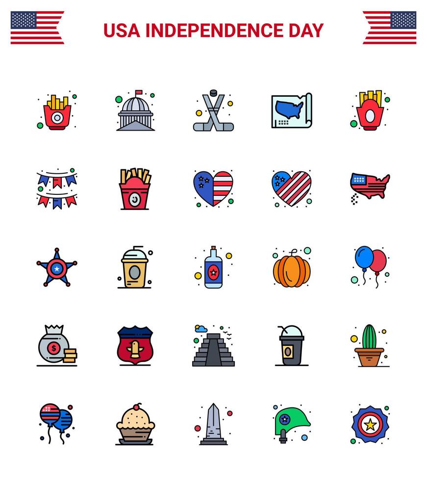 jour de l'indépendance des états-unis ligne remplie à plat ensemble de 25 pictogrammes des états-unis des états-unis carte blanche américaine modifiable éléments de conception vectorielle de la journée des états-unis vecteur