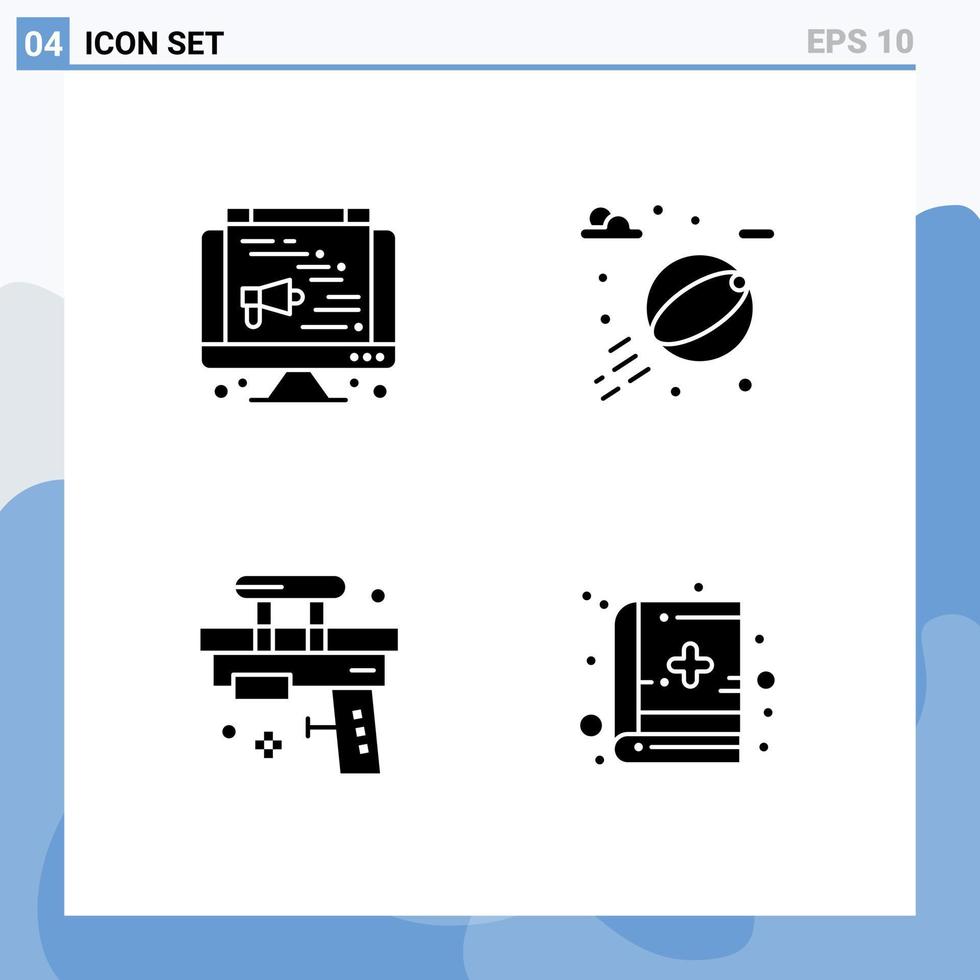 4 concept de glyphe solide pour les sites Web mobiles et applications ordinateur jouet ballon de plage livre amusant éléments de conception vectoriels modifiables vecteur