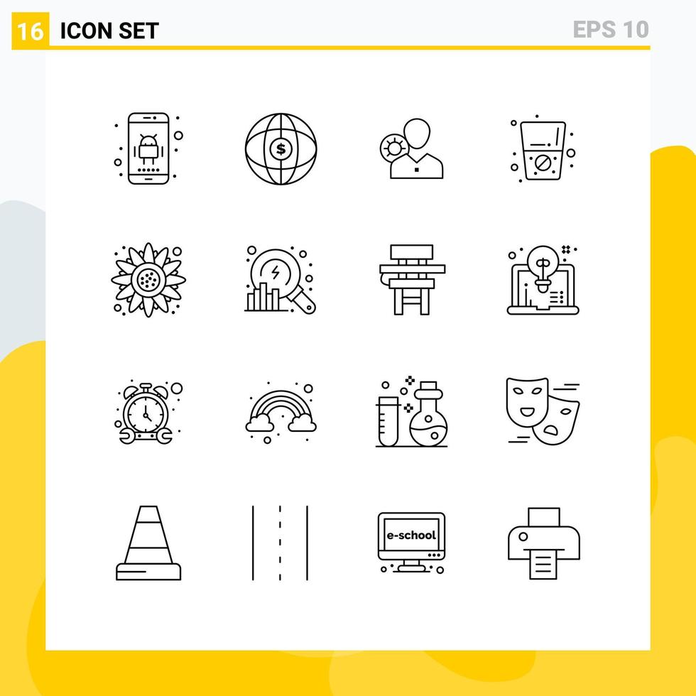 16 signes de contour universels symboles de boisson régime travail utilisateur éléments de conception vectoriels modifiables personnels vecteur