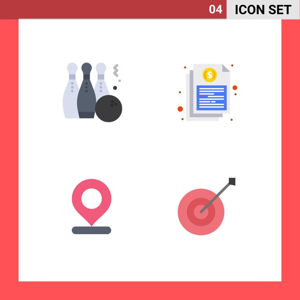 pack de 4 icônes plates créatives d'éléments de conception vectoriels modifiables de carte de document de sport de rapport de bowling vecteur