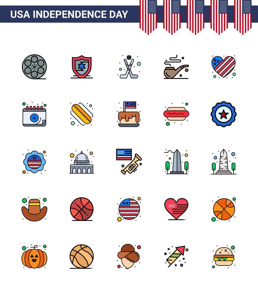 pack de 25 signes de lignes remplies de célébration de la fête de l'indépendance des états-unis et symboles du 4 juillet tels que le drapeau d'amour hokey fumée américaine modifiable éléments de conception vectorielle de la journée des états-unis vecteur