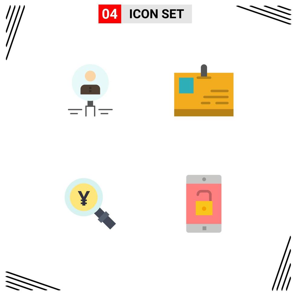 pack d'icônes plates de 4 symboles universels de trouver des éléments de conception vectoriels modifiables de passe de ressources humaines de carte d'identité vecteur