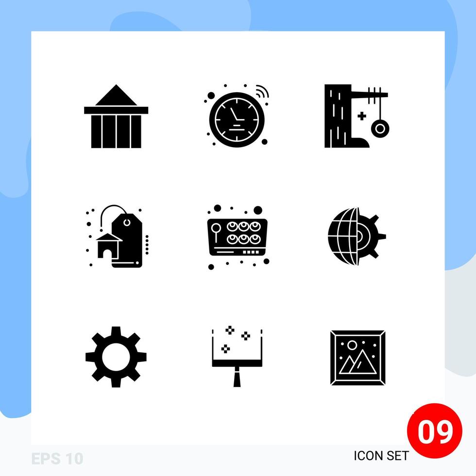 interface mobile glyphe solide ensemble de 9 pictogrammes de joystick immobilier montre remise balançoire éléments de conception vectoriels modifiables vecteur