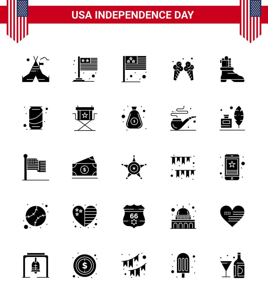 pack de glyphes solides vectoriels modifiables des états-unis jour 25 glyphe solide simple de botte crème glacée de jour américain éléments de conception vectoriels modifiables de la journée des états-unis vecteur