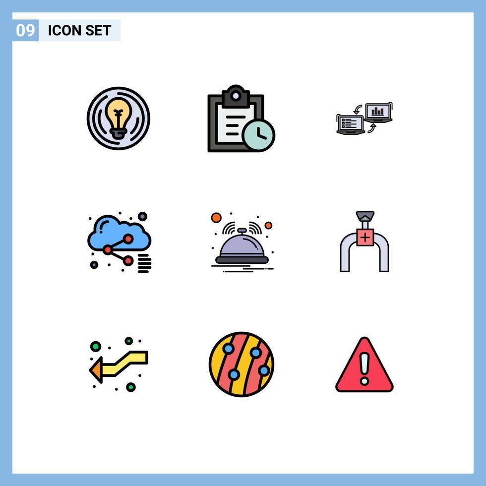 interface mobile filledline couleur plate ensemble de 9 pictogrammes de partage de fichiers échange de données cloud éléments de conception vectoriels modifiables vecteur