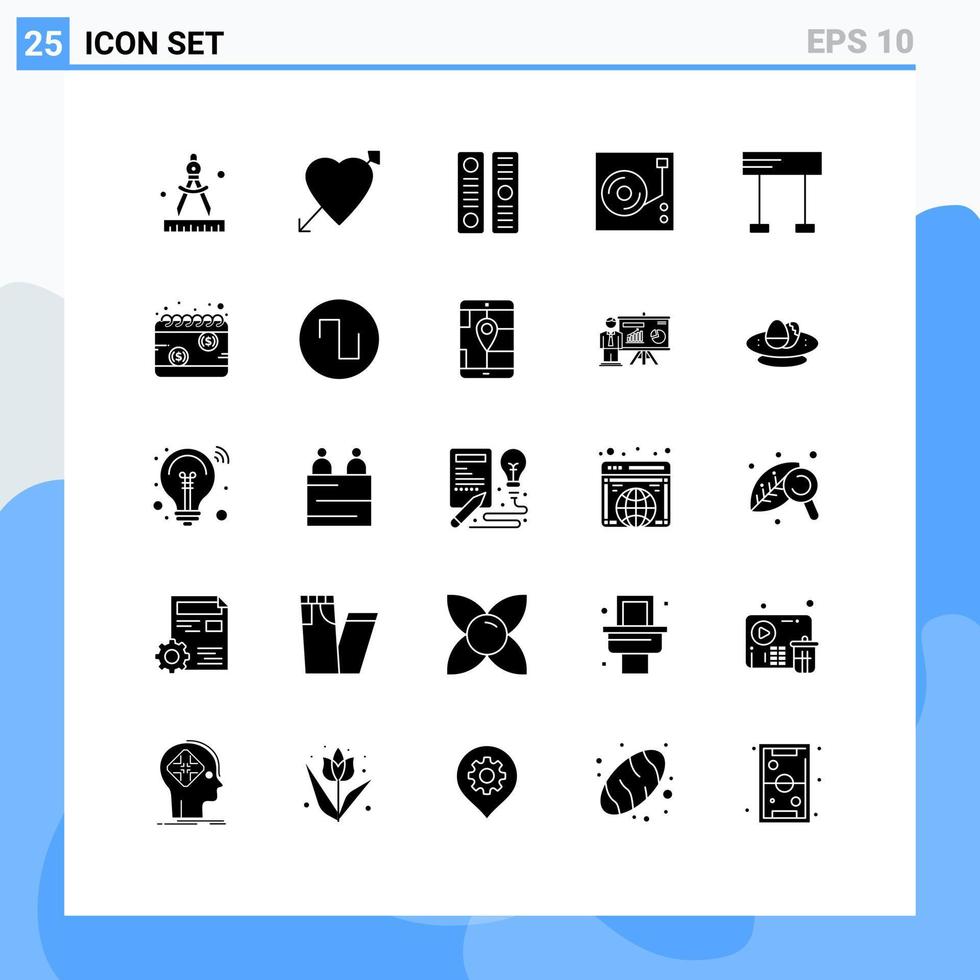 ensemble moderne de 25 pictogrammes de glyphes solides du répertoire d'arrivée de la course lecteur audio éléments de conception vectoriels modifiables vecteur