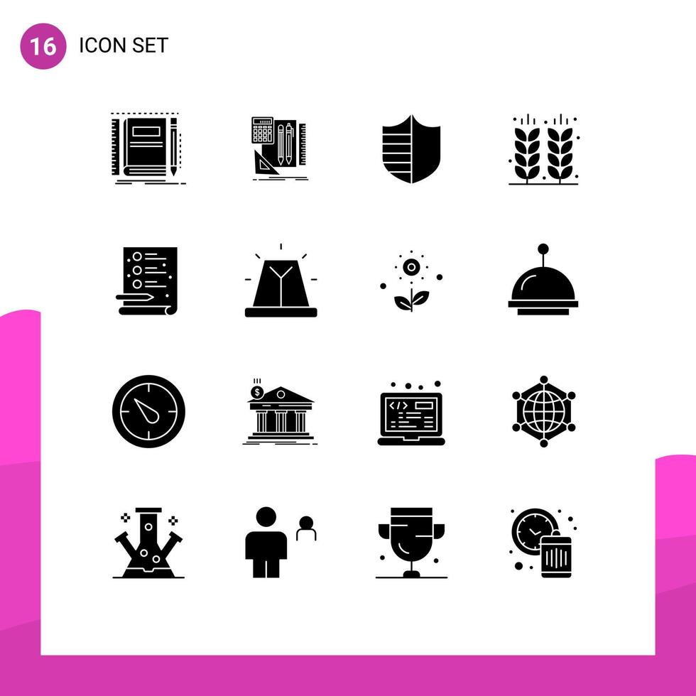 symboles d'icônes universelles groupe de 16 glyphes solides modernes d'éléments de conception vectoriels modifiables de bouclier de ferme de stylo de culture céréalière vecteur