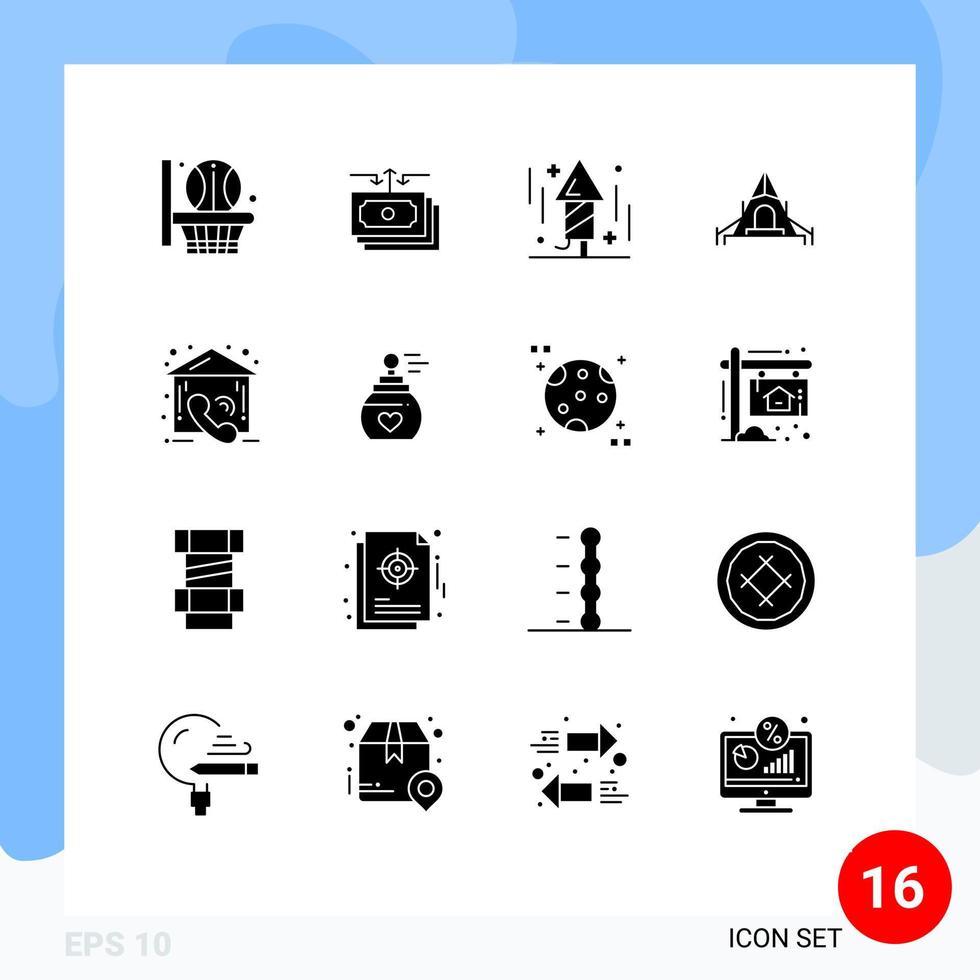 interface mobile glyphe solide ensemble de 16 pictogrammes de tente de célébration d'appel immobilier camping éléments de conception vectoriels modifiables vecteur