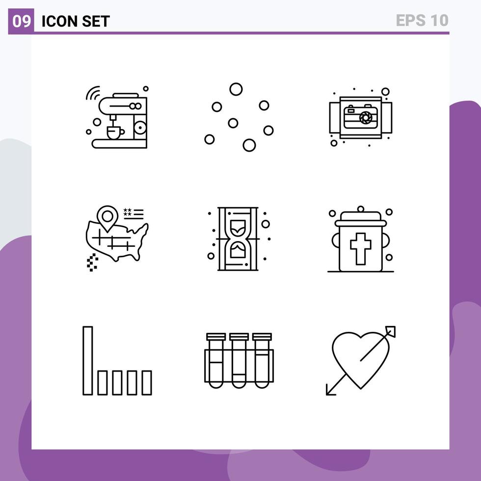 pack de 9 contours modernes signes et symboles pour les supports d'impression Web tels que le sablier caméra américaine carte vue éléments de conception vectoriels modifiables vecteur