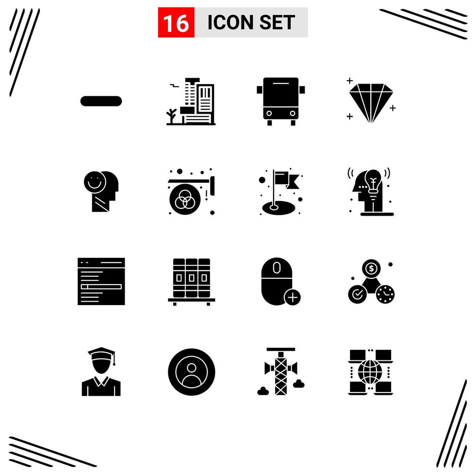 interface mobile glyphe solide ensemble de 16 pictogrammes d'éléments de conception vectoriels modifiables de véhicules de bijou de bus d'utilisateur heureux vecteur