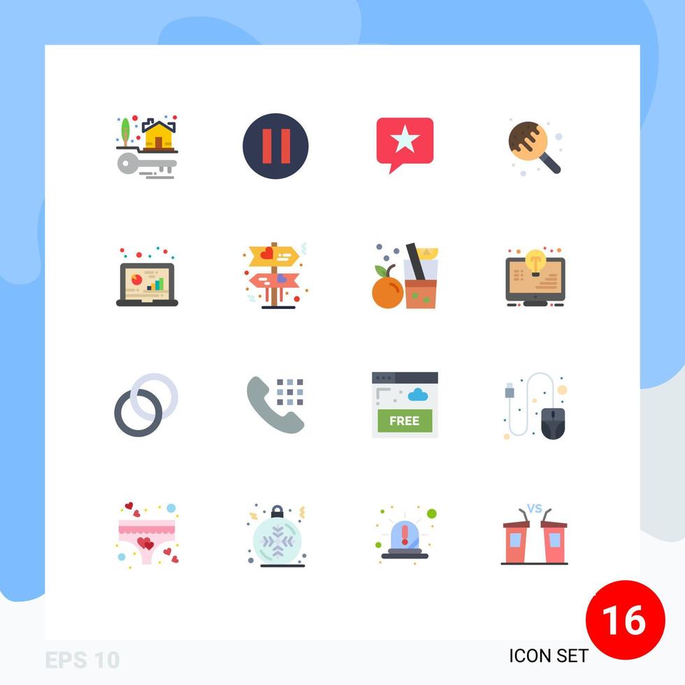 ensemble moderne de 16 pictogrammes de couleurs plates d'analyse de message analytique de données paquet modifiable de sucre d'éléments de conception de vecteur créatif