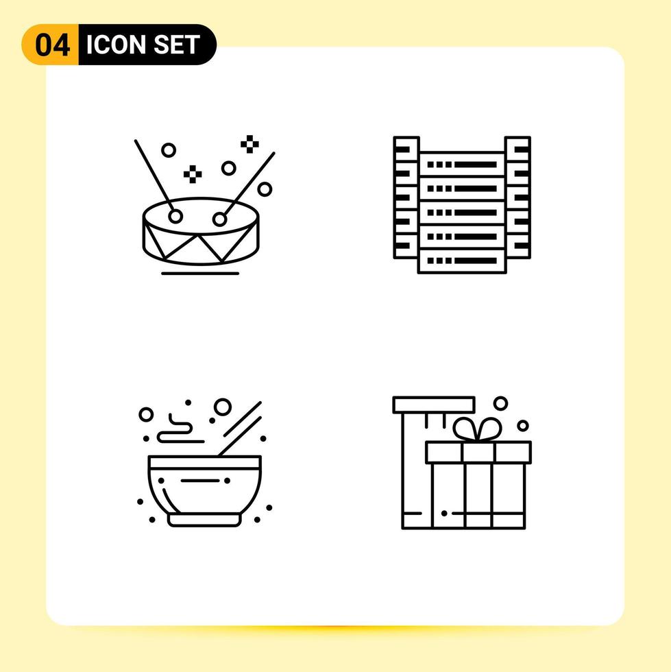 ligne d'interface mobile ensemble de 4 pictogrammes d'informations de fête de nourriture de tambour éléments de conception vectoriels modifiables à chaud vecteur