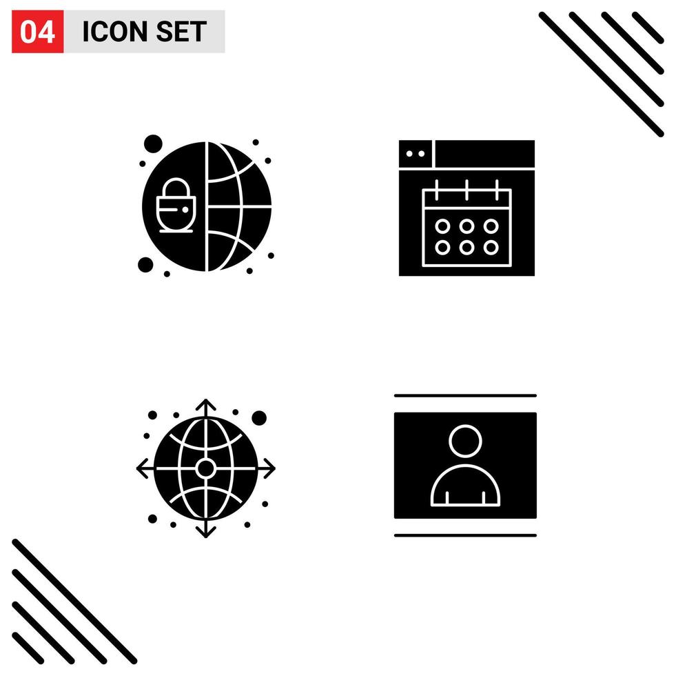 interface mobile glyphe solide ensemble de 4 pictogrammes d'éléments de conception vectoriels modifiables humains date web réseau vecteur