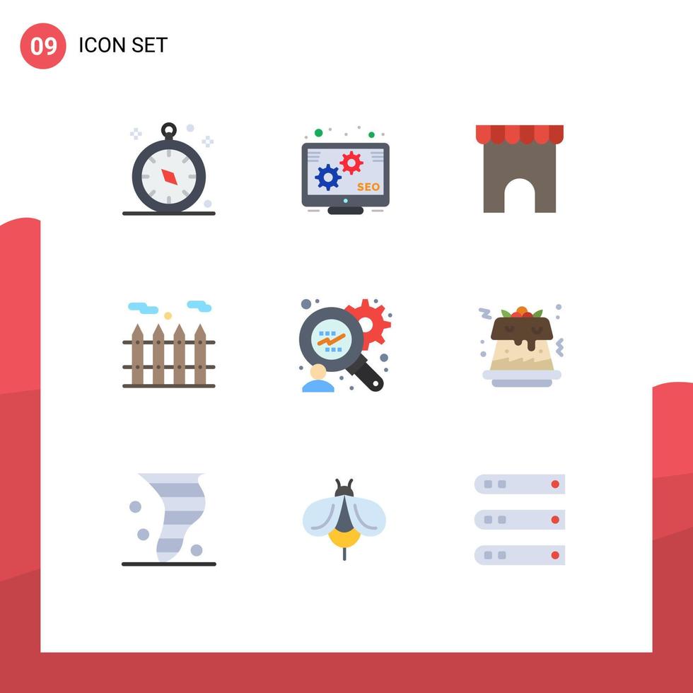 ensemble moderne de 9 pictogrammes de couleurs plates de l'institut de gâteau alimentaire analyse financière de la construction immobilier éléments de conception vectoriels modifiables vecteur