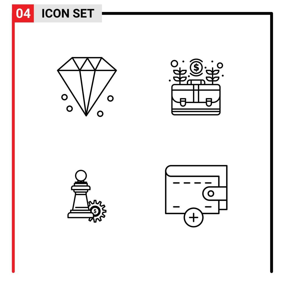 ligne d'interface mobile ensemble de 4 pictogrammes d'éléments de conception vectoriels modifiables de stratégie de cas de bijoux d'échecs d'affaires vecteur
