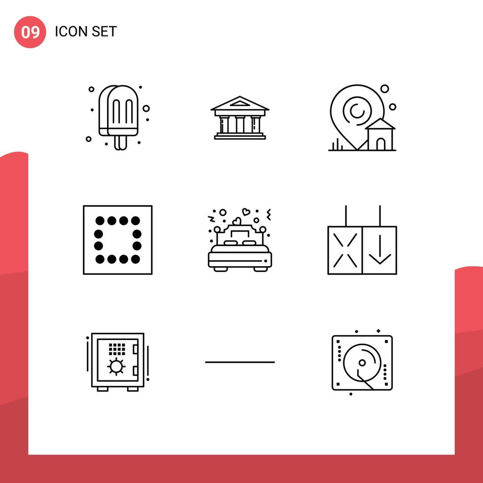 symboles d'icônes universels groupe de 9 contours modernes de bâtiment de lit marié minimiser les éléments de conception vectoriels modifiables immobiliers vecteur
