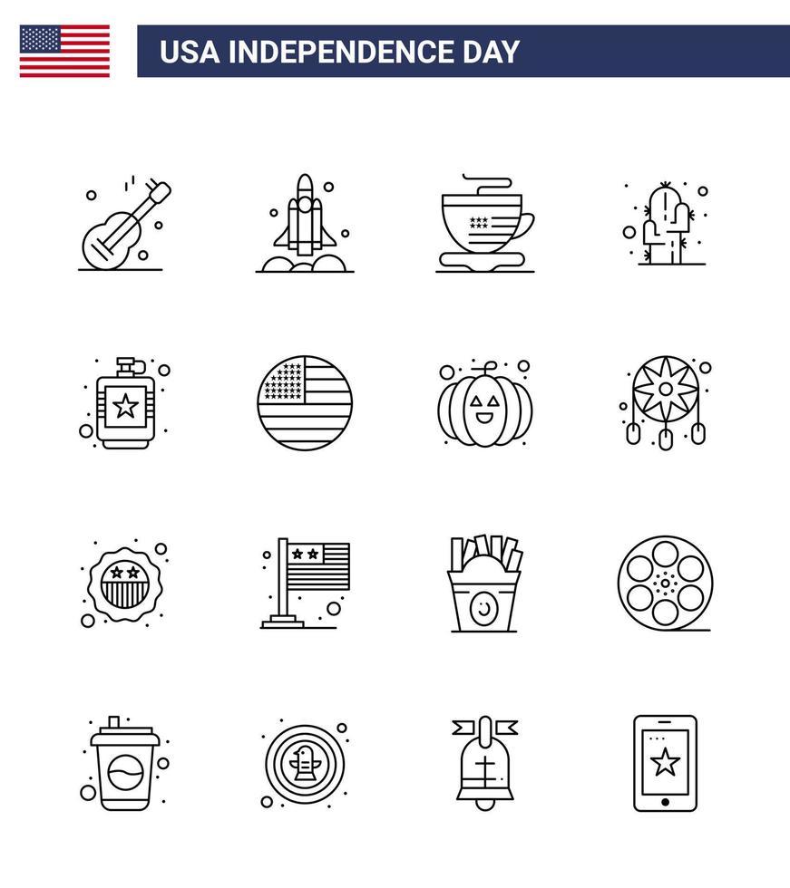 joyeux jour de l'indépendance 16 lignes pack d'icônes pour le web et l'impression drink desert usa plante cactus modifiable usa day vector design elements