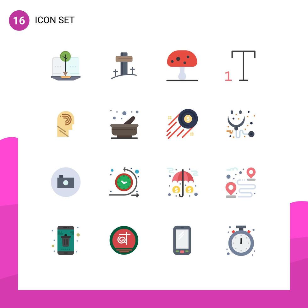 16 interface utilisateur pack de couleurs plates de signes et symboles modernes de l'esprit champignon humain police d'accès pack modifiable d'éléments de conception de vecteur créatif