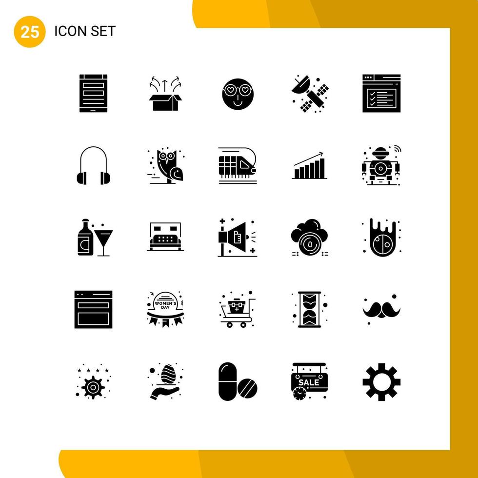 pack de lignes vectorielles modifiables de 25 glyphes solides simples de l'utilisateur de la boîte ouverte de l'espace satellite amour éléments de conception vectoriels modifiables vecteur