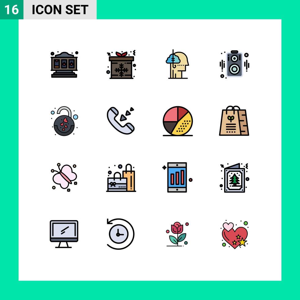 interface mobile ligne remplie de couleurs plates ensemble de 16 pictogrammes d'amour coeur dépendance haut-parleur audio éléments de conception vectoriels créatifs modifiables vecteur