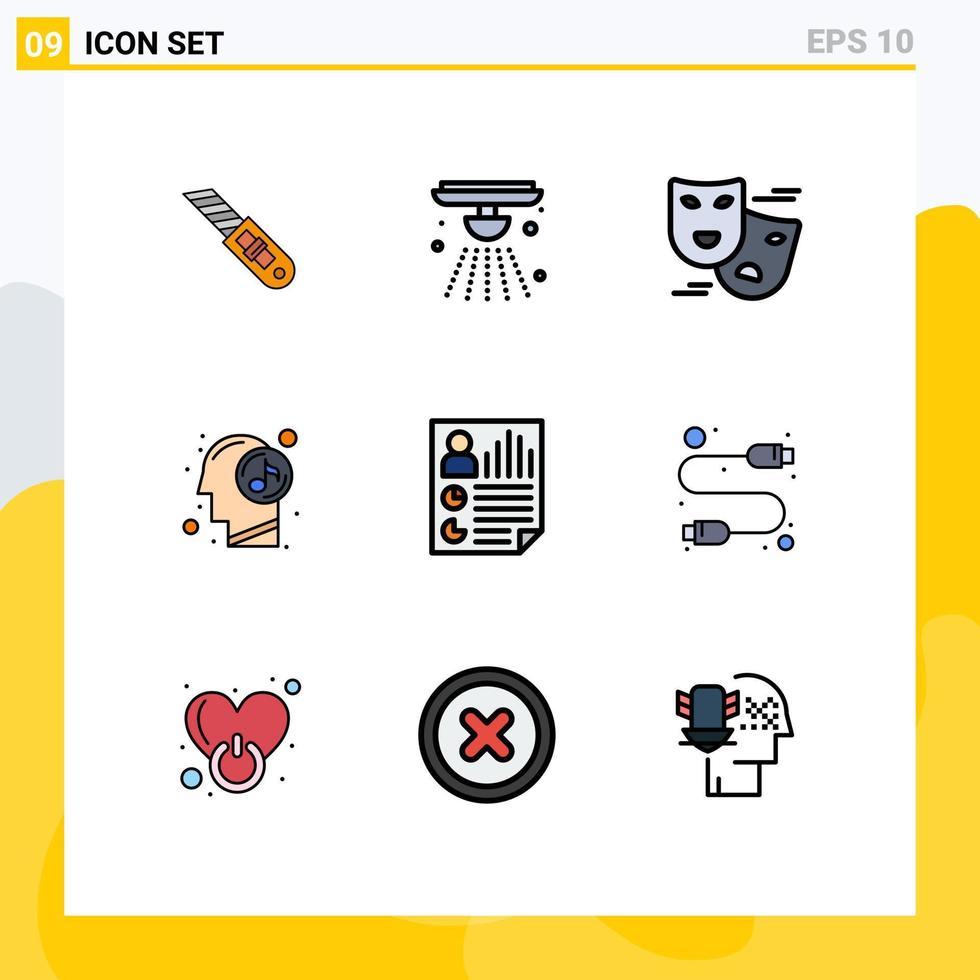 interface mobile filledline couleur plate ensemble de 9 pictogrammes de document musique de carnaval détendue éléments de conception vectoriels modifiables par l'homme vecteur