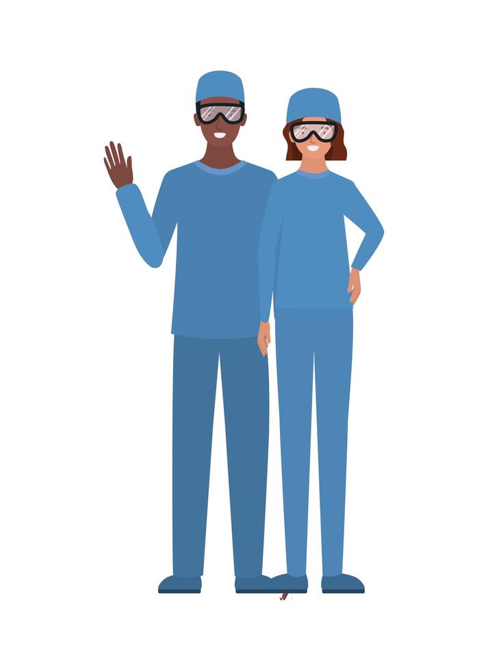 homme et femme médecin avec des uniformes et des lunettes vecteur