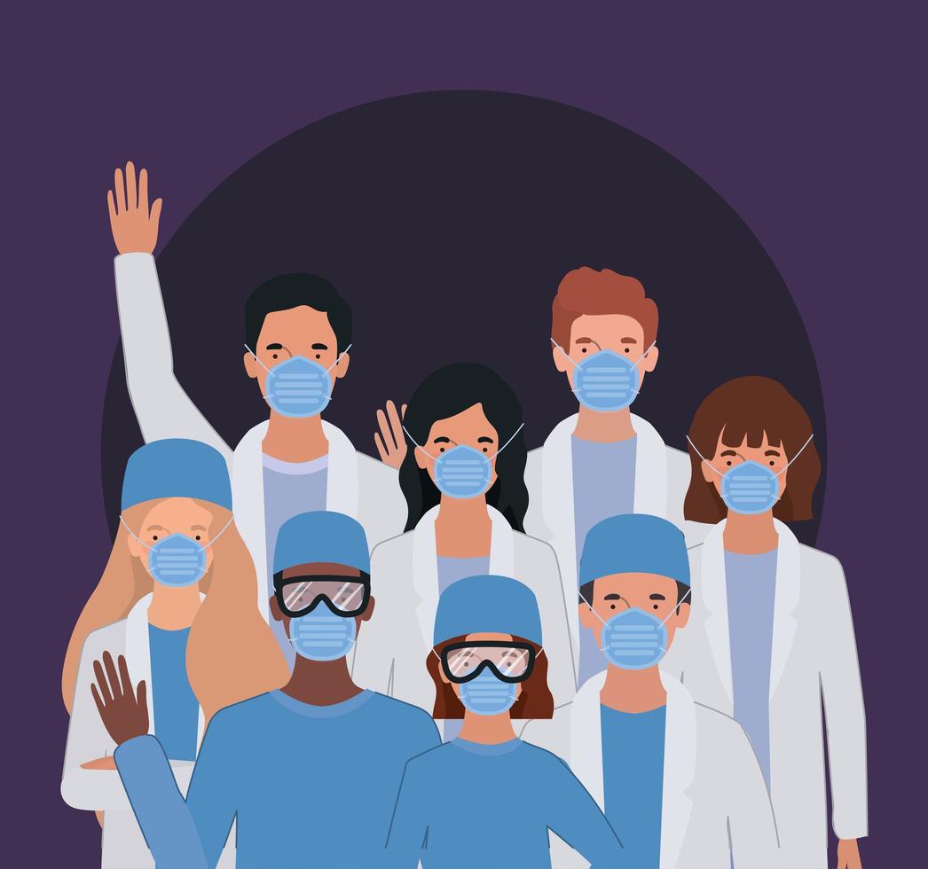 médecins hommes et femmes avec des masques uniformes et des lunettes vecteur