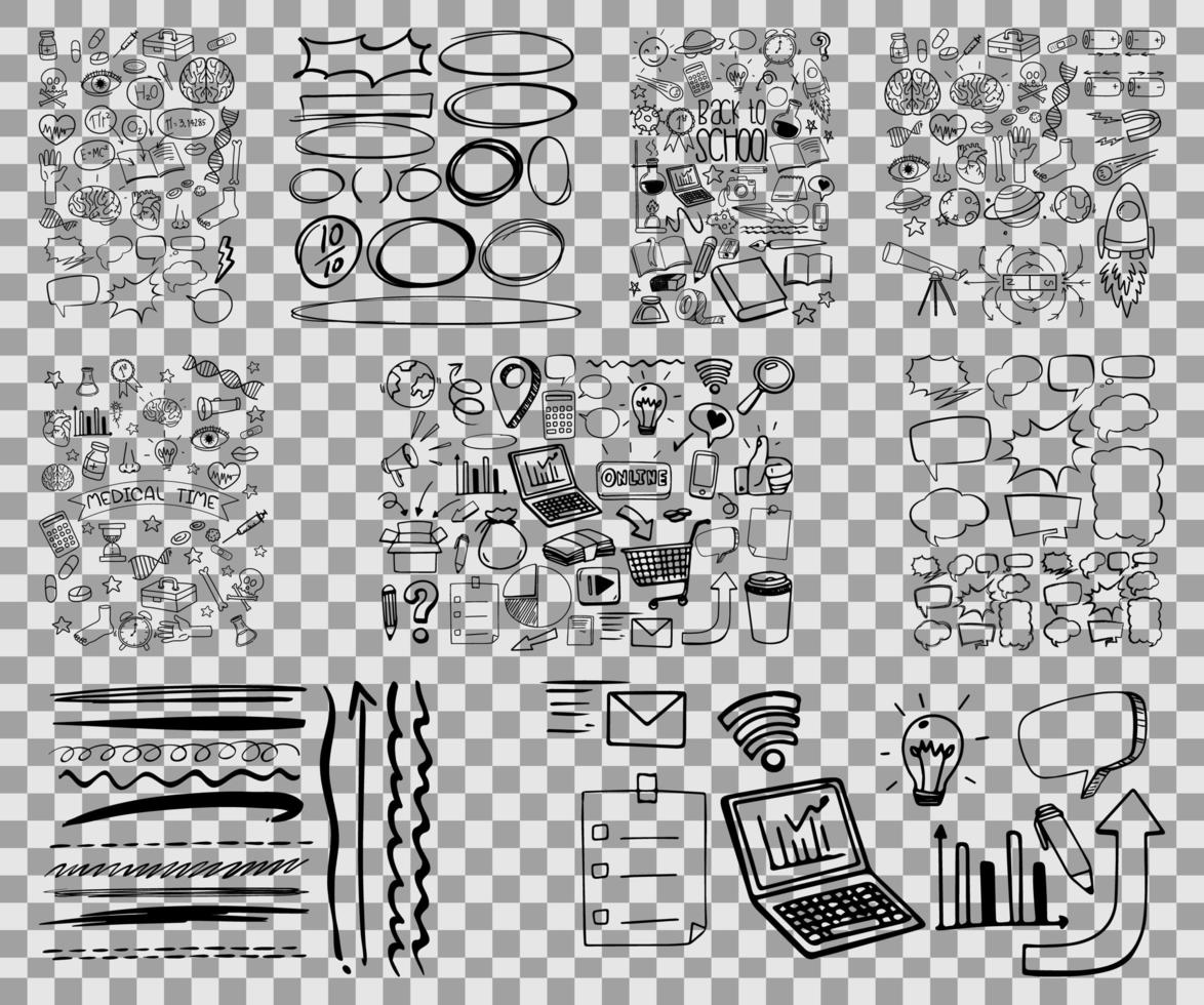 ensemble d'objets et de symboles doodle dessinés à la main vecteur