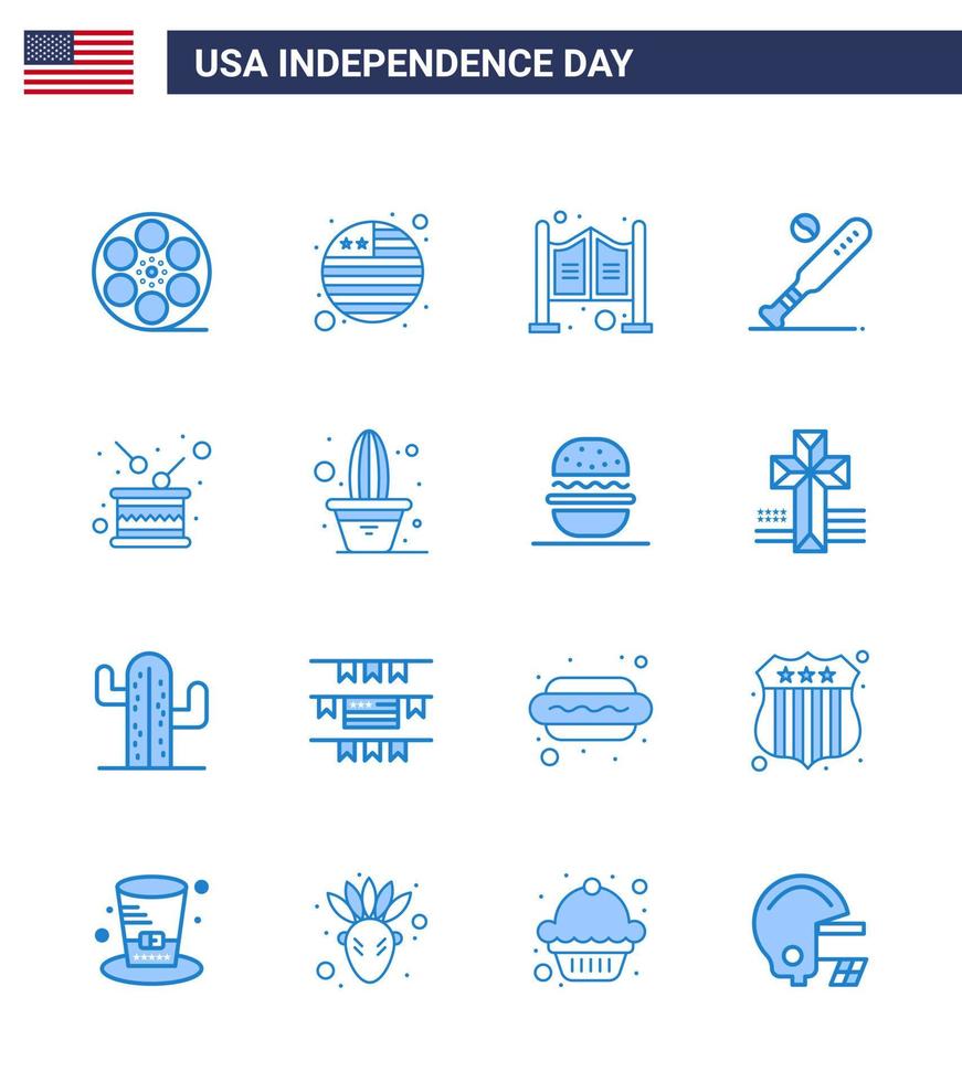 joyeux jour de l'indépendance 16 pack d'icônes blues pour le web et l'impression tambour usa ménage sports baseball modifiable usa day vector design elements