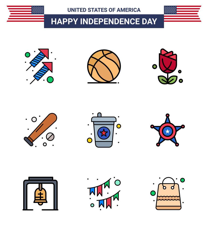 joyeux jour de l'indépendance 9 pack d'icônes de lignes remplies à plat pour le web et l'impression boisson sport fleur chauve-souris balle modifiable éléments de conception de vecteur de jour des états-unis
