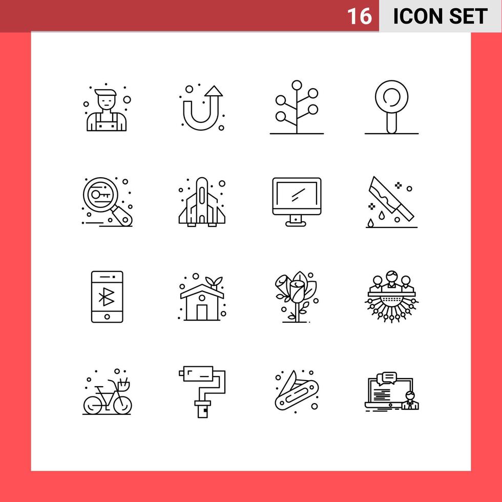 ensemble moderne de 16 contours pictogramme d'éléments de conception vectoriels modifiables clés de recherche de nature de recherche de fusée vecteur