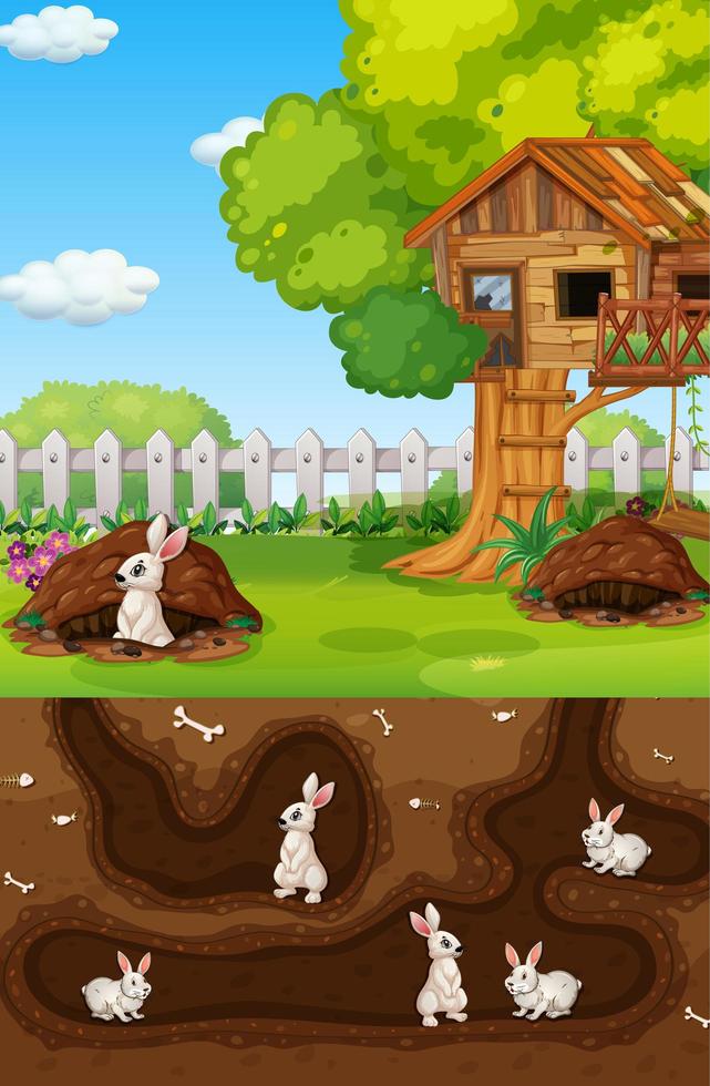 trou animal souterrain avec de nombreux lapins blancs vecteur