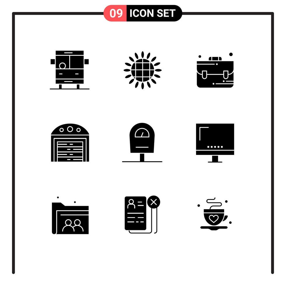 interface utilisateur pack de 9 glyphes solides de base d'éléments de conception vectoriels modifiables de construction de machine de sac de compteur d'ordinateur vecteur