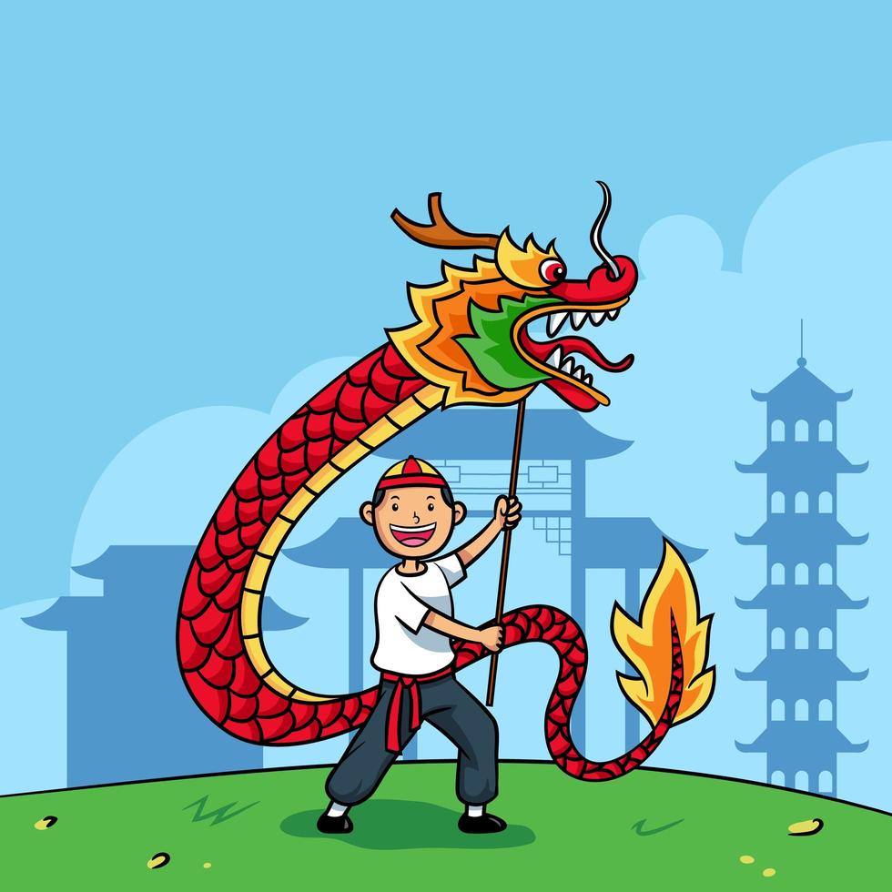 garçon dessiné à la main jouant la danse du dragon chinois vecteur