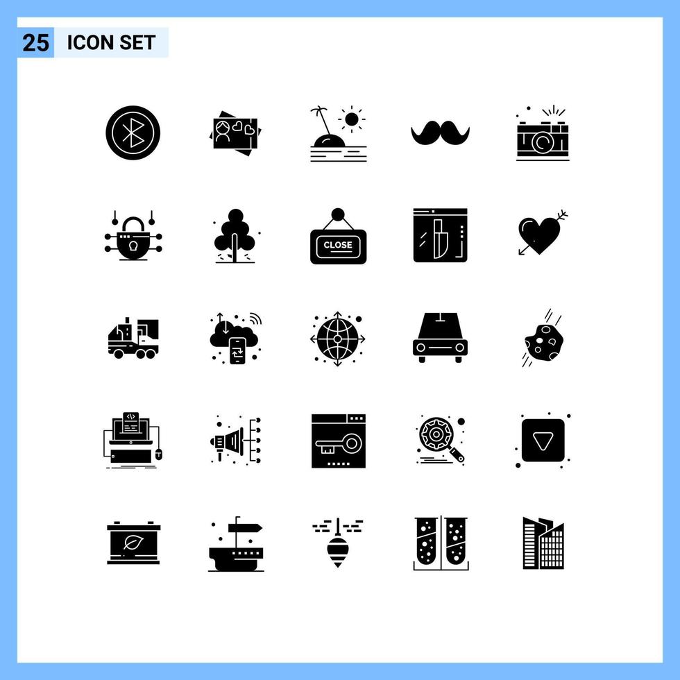 pack de 25 signes et symboles de glyphes solides modernes pour les supports d'impression Web tels que les éléments de conception vectoriels modifiables de la moustache de movember de l'appareil photo vecteur