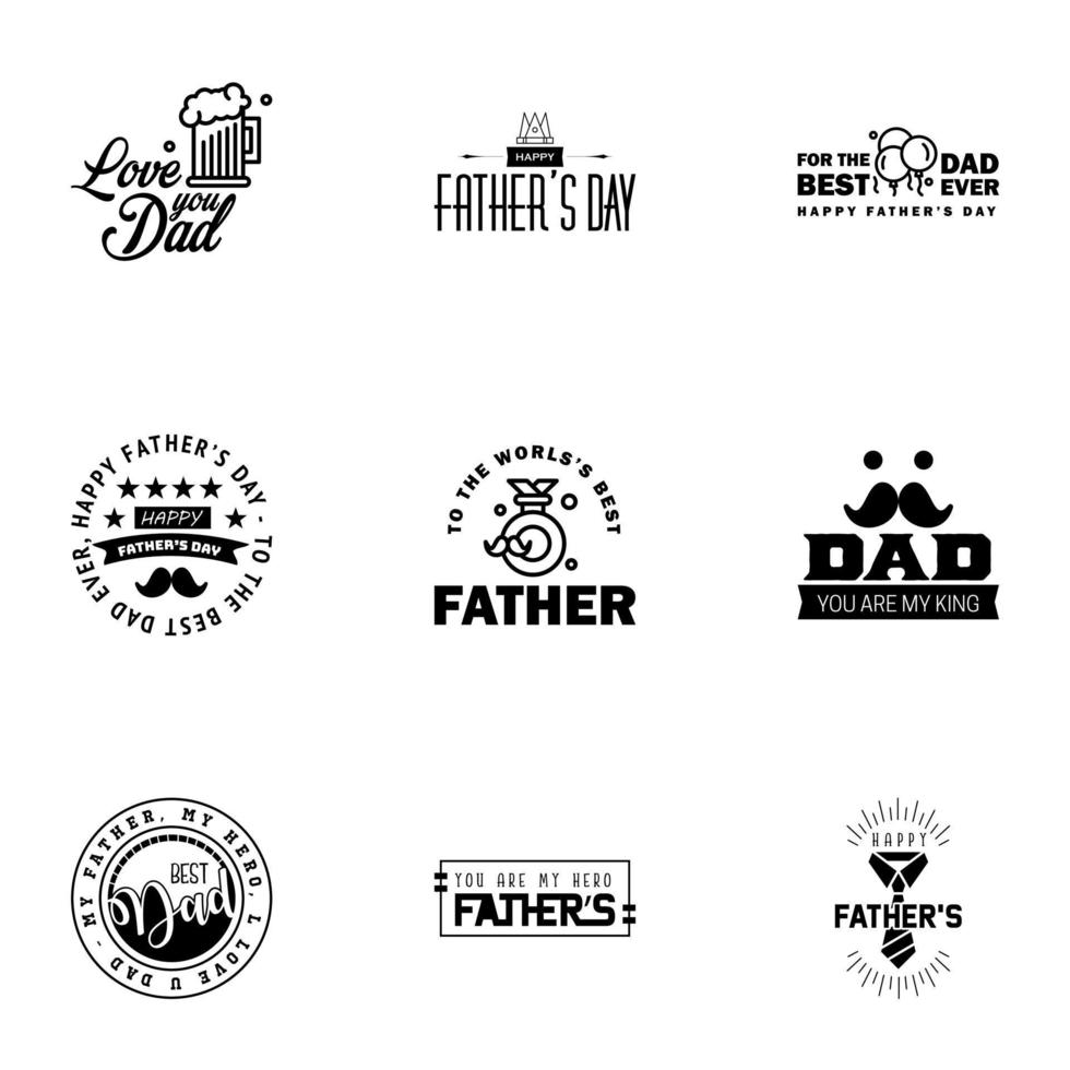 bonne fête des pères voeux main lettrage badges 9 noir faute de frappe isolé sur blanc typographie modèle de conception pour affiche bannière carte cadeau t shirt impression étiquette autocollant rétro vintage style vecteur il