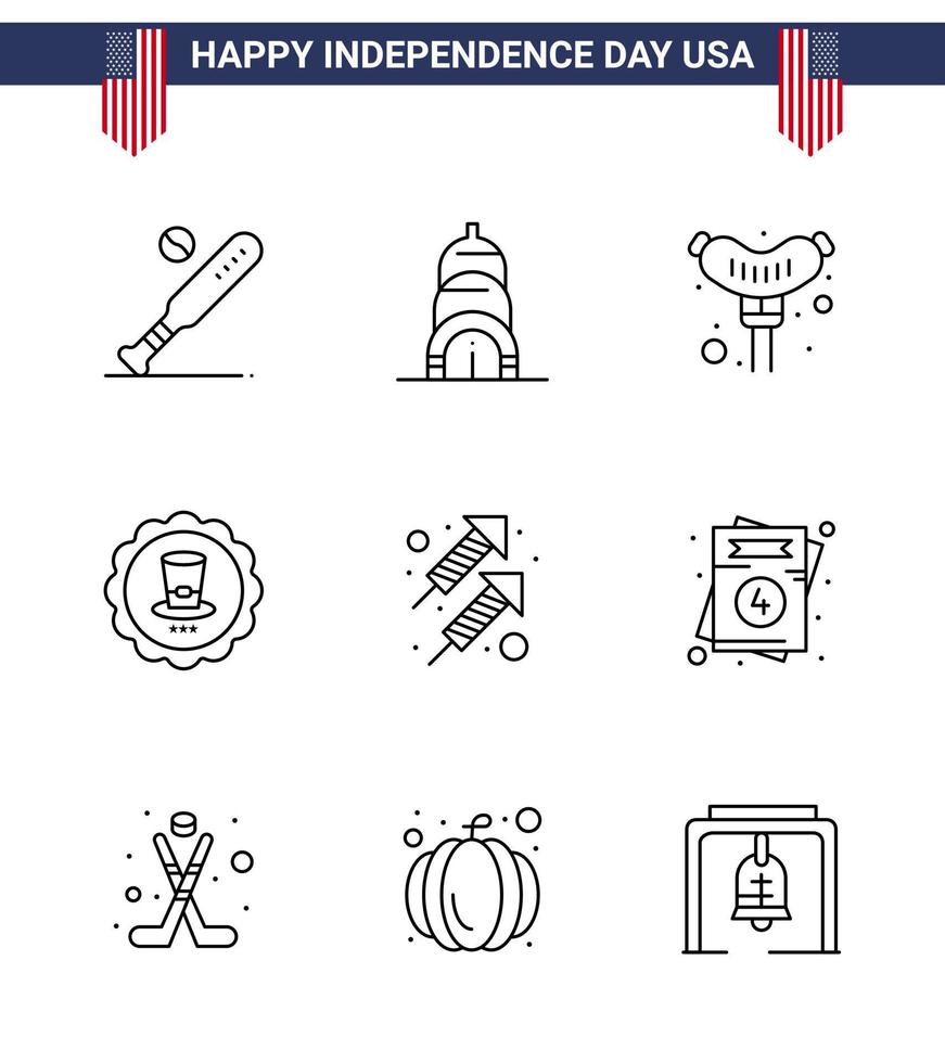 joyeux jour de l'indépendance usa pack de 9 lignes créatives de célébration de feu d'artifice nourriture usa boisson modifiable usa day vector design elements