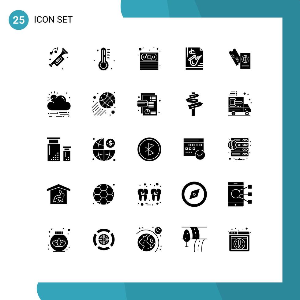 symboles d'icône universelle groupe de 25 glyphes solides modernes de passeport jouer pluie fichier de musique éléments de conception vectoriels modifiables vecteur