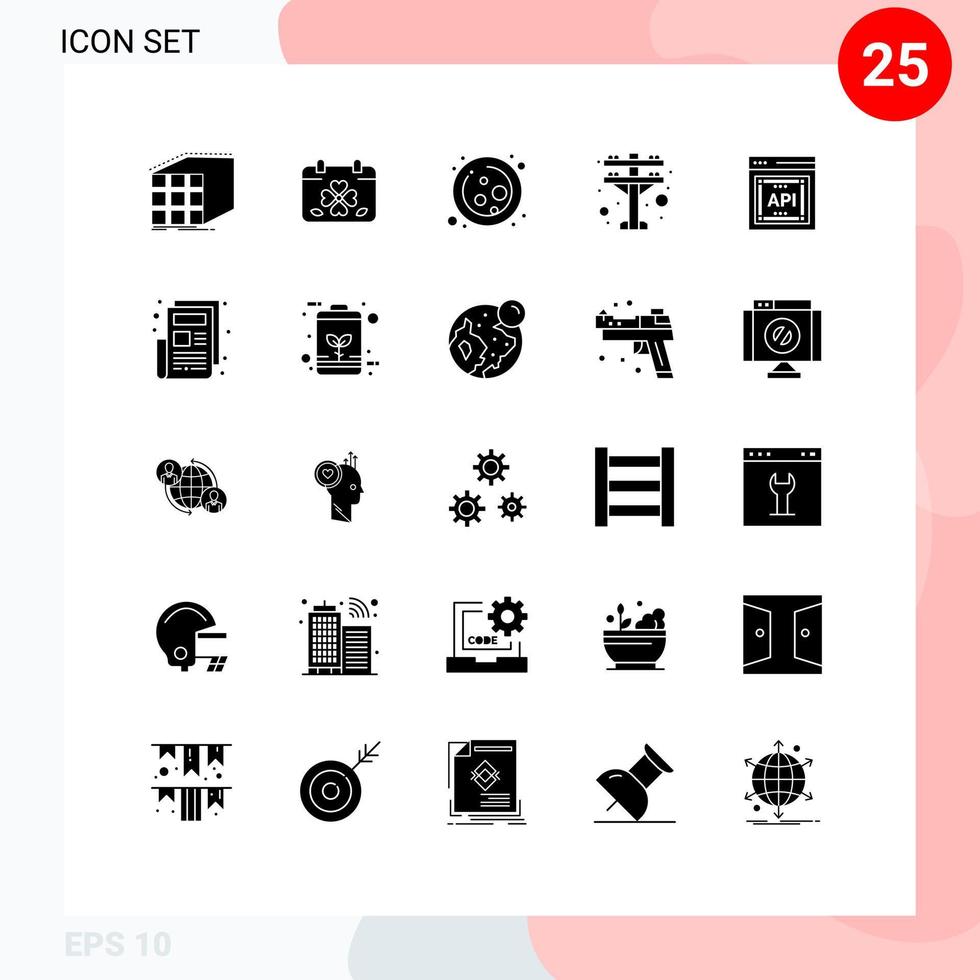 groupe de 25 signes et symboles de glyphes solides pour les éléments de conception vectoriels modifiables de science électrique de feuille de tour électrique api vecteur